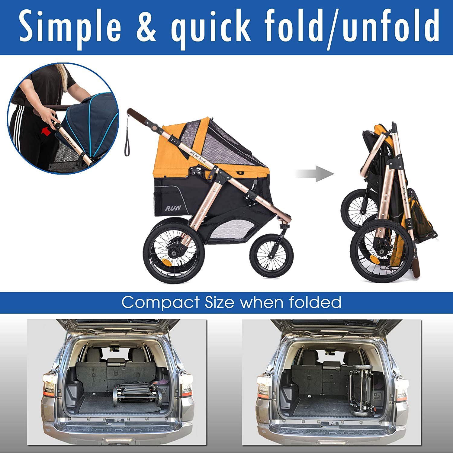 Run Performance Jogging Sports Stroller with Comfort Rubber Wheels/Zipper-Less Entry/1-Hand Quick Fold/Aluminum Frame for Small/Medium Dogs, Cats and Pets (Speed Yellow)