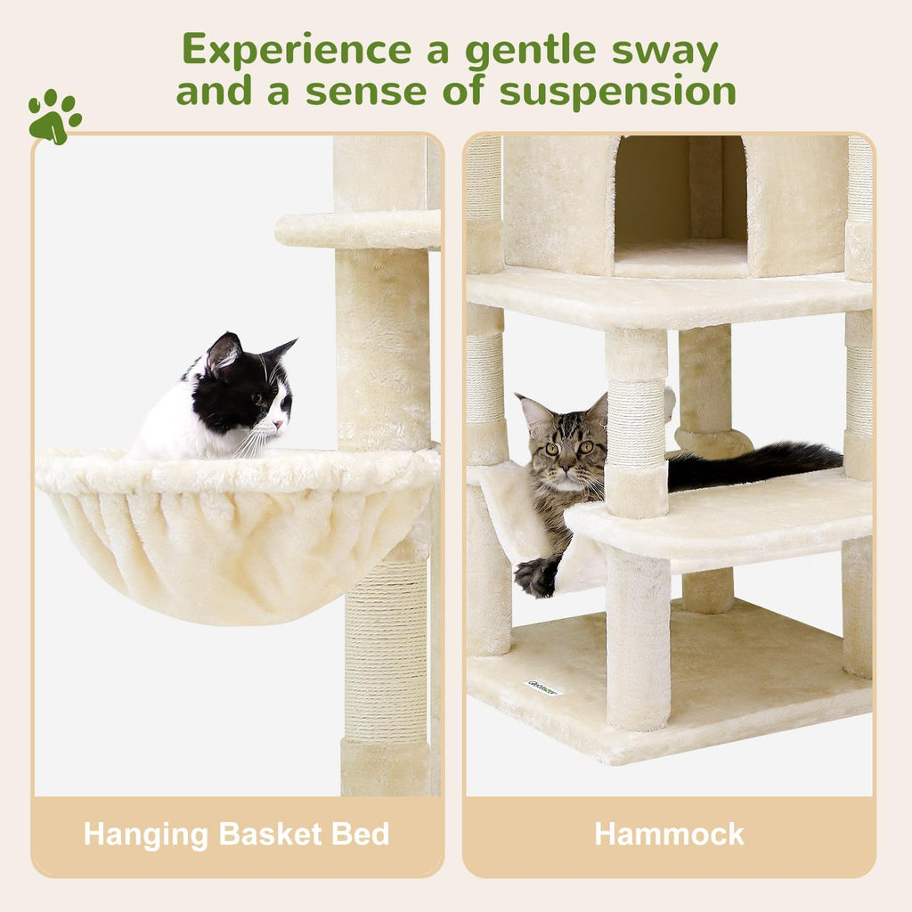 Globlazer Corner Cat Tree for Large Cats, 66inch Tall Curved Series Large Cat Tower for Multiple Indoor Cats with 6 Scratching Posts, 2 Spacious Cat Condos, Hammock, Hanging Basket, C66, Beige