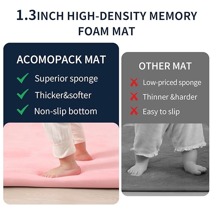 ACOMOPACK Baby Play Mat for Floor 1.3" Thick Memory Foam Play Mat 39"×59" Tummy Time Crawling with Non-Slip Bottom for Living Room,Nursery,Soft Velvet Playpen Mats for Kids,Infants（Pink）