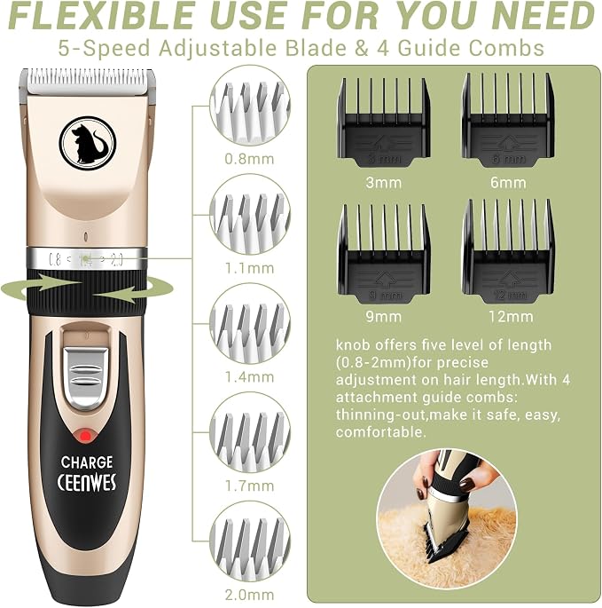 Ceenwes Dog Clippers Low Noise Pet Clippers Rechargeable Trimmer Cordless - Image 3