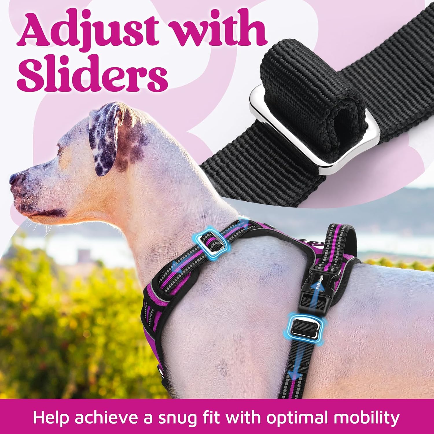 rabbitgoo Dog Harness Medium Sized, No Pull Dog Vest with 3 Buckles, Adjustable Soft Padded Pet Harness with Easy Control Handle and Reflective Strips, Purple, M
