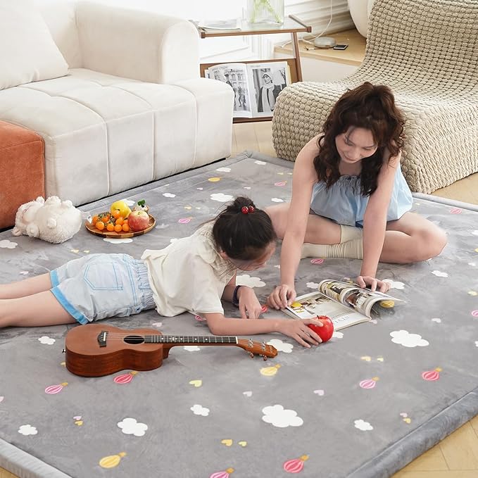 N&V 1.25" Thick Baby Play Mat with Non-Slip Backing,Large Foam Padded Play Area Rug Coral Velvet Crawling mat for Bedroom Dormitory Yoga, Home Decor for Living Room, Nursery 95"×78"