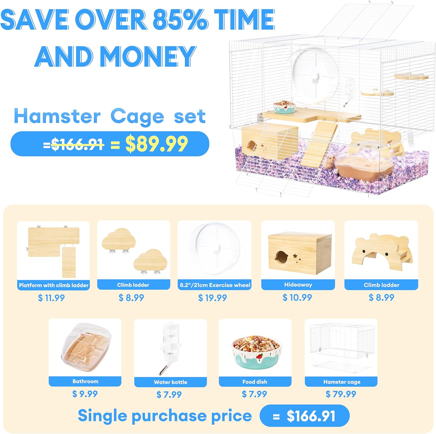 BUCATSTATE Hamster Cage 3-Level with Accessories, Includes Free Exercise Wheel, Water Bottle, Food Bowl & Hamster Hideout, Large Hamster Cage for Dwarf Hamster, Mice, Degus (24.4" L*13.7 "W*16.9" H)