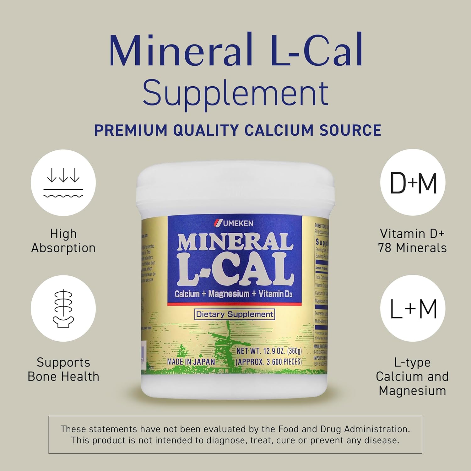 Mineral L-Cal Calcium with Vitamin D3, 3 Year Supply, Water Soluble Ball Format with Magnesium & Minerals, Fast Absorbing Calcium Magnesium D3 Supplement, 3,600 Balls per Bottle, 360g Each, Pack of 6