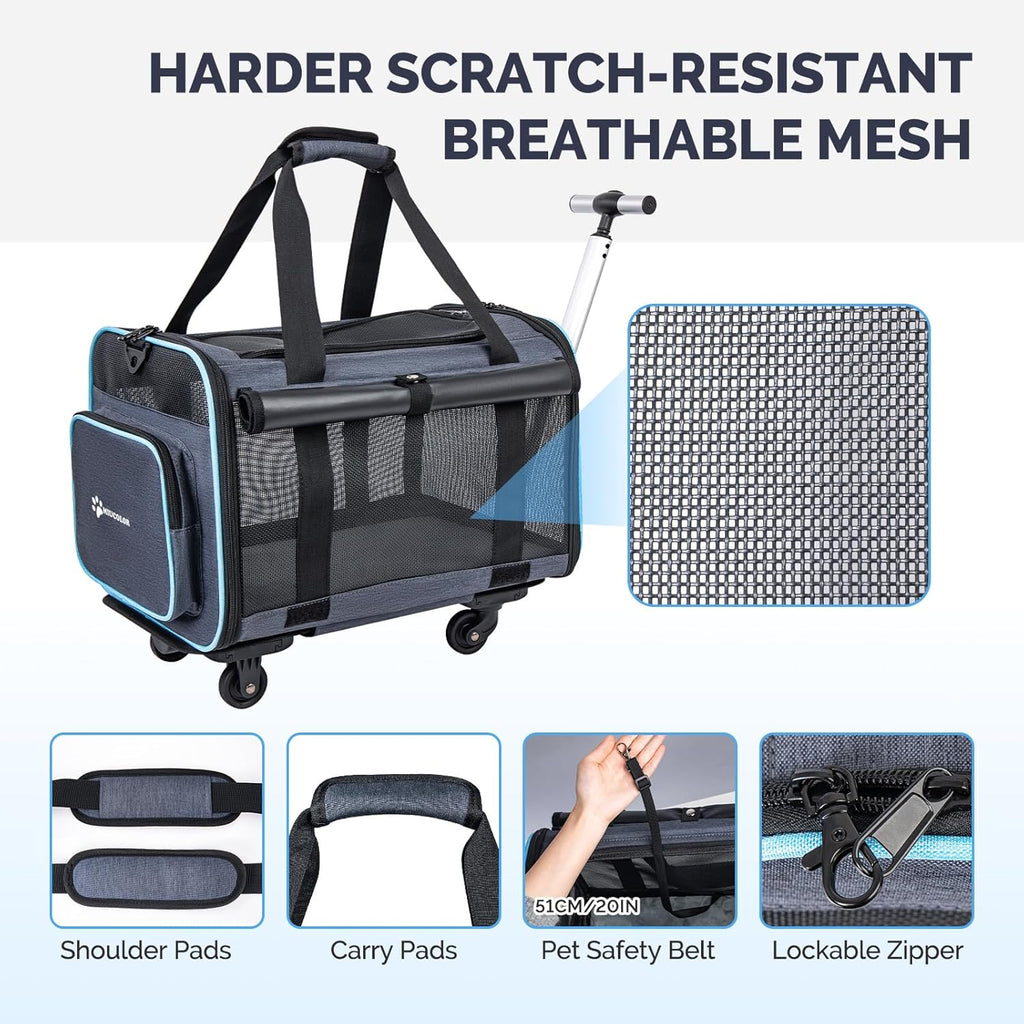 MIU Color Rolling Pet Carrier with Wheels Under 15 lbs, Airline Approved Foldable Soft Carrier for Small Dogs and Cats, Dog Carrier with Wheels for Car Road Trips Travel Camping Outdoor