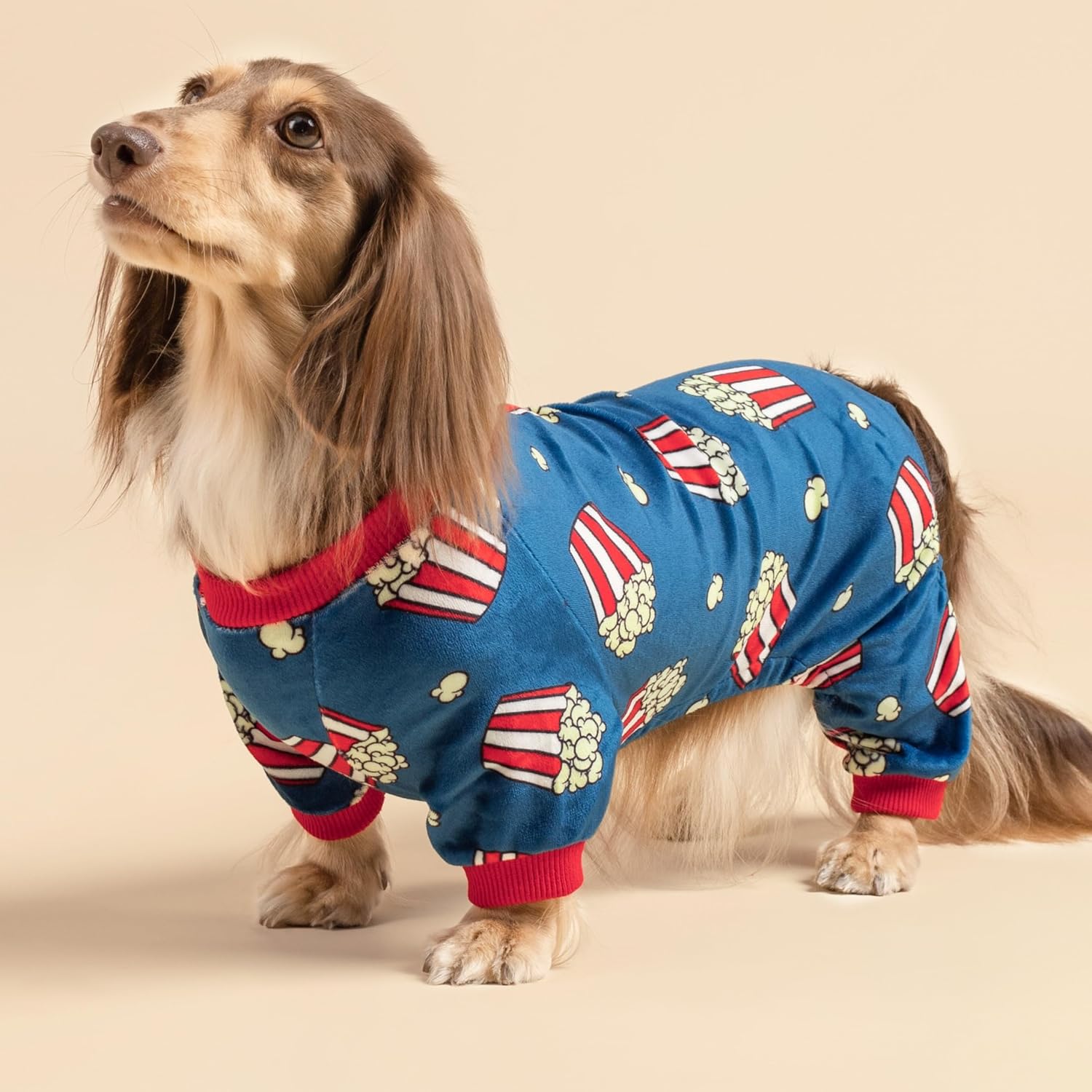 Fitwarm Popcorn Dog Pajamas, Funny Dog Clothes for Small Dogs Boy Girl, Fleece Pet Onesie with Feet, Blue, Red, White, Yellow, Large