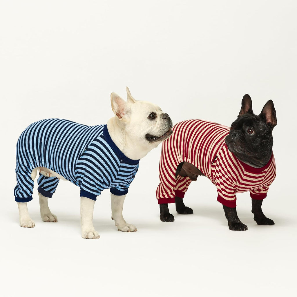 Fitwarm Blue and White Striped Dog Pajamas, Waffle Dog Clothes for Small Dogs Girl Boy, Puppy Onesie with Feet, Pet Cat Outfit, Medium