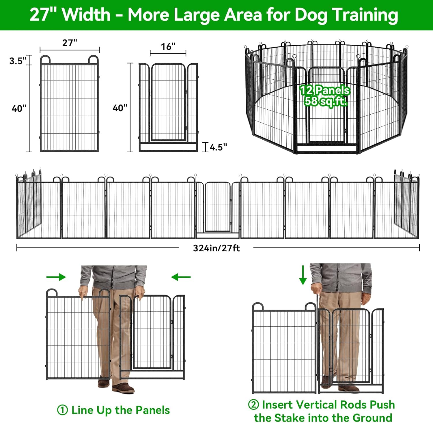 Dog Playpen Outdoor 12 Panels Heavy Duty Dog Fence 40" Height Anti-Rust with Doors Portable for RV Camping Yard, Total 27FT, 58 Sq.ft, Snowy Black