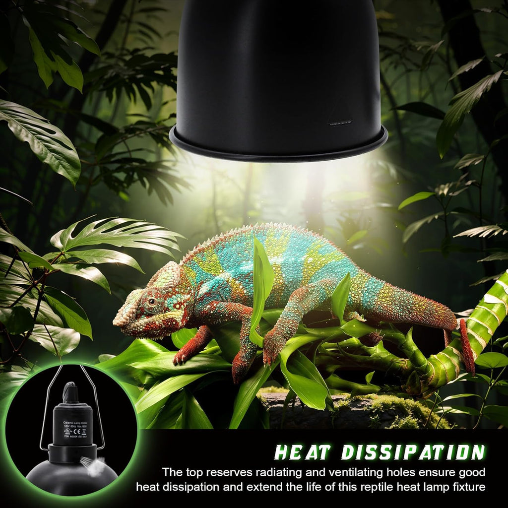 Reptile Light Fixture with Dimming Switch and Timer, 5.5 Inch Deep Dome Reptile Heat Lamp Fixture, Reptile Lamp Fixture Cap for UVB Bulb Basking Heat Bulb for Reptile Glass Terrariums, 2PCS