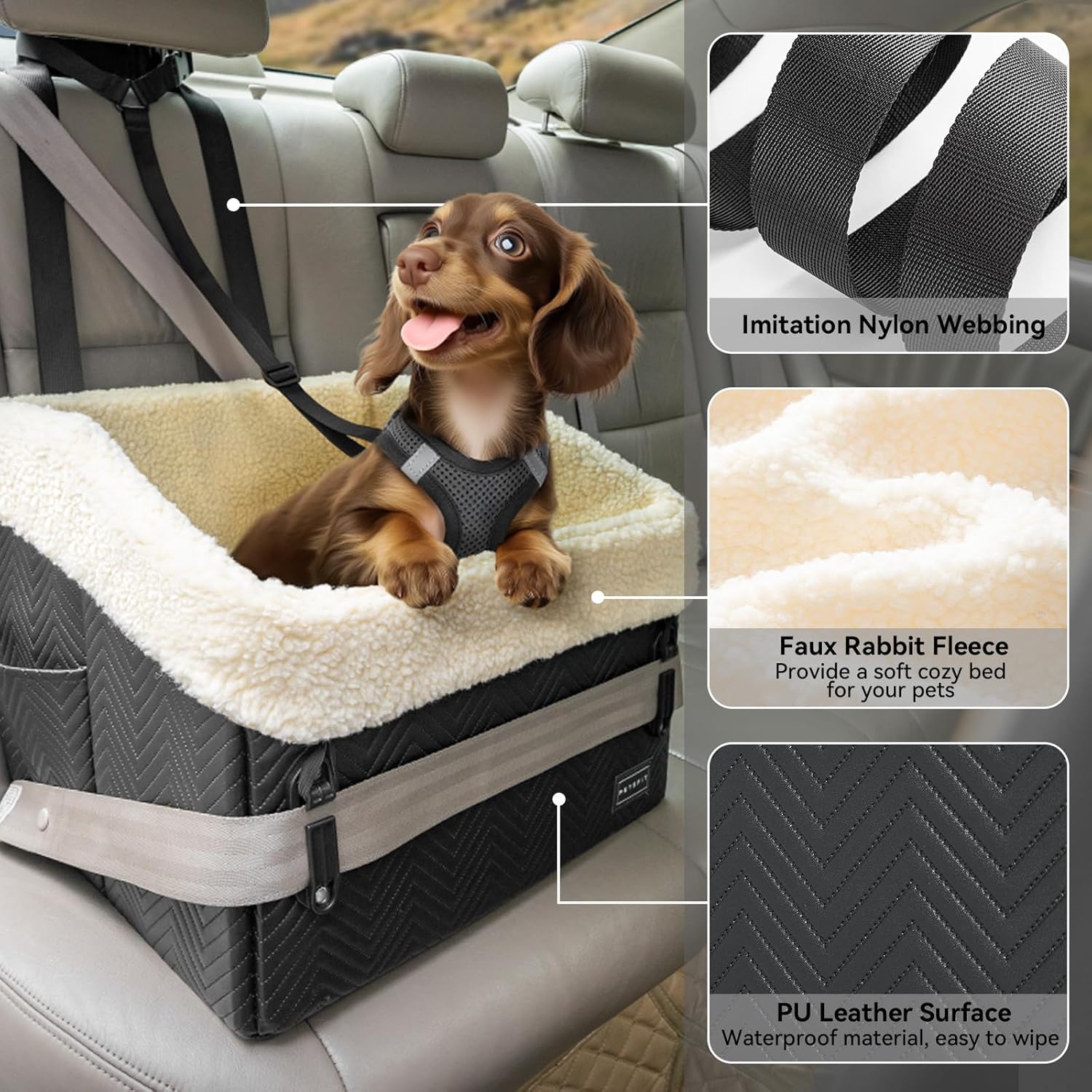 PETSFIT Small Dog Car Seat, Waterproof PU Leather Dog Booster Car Seat with Patented Safe Buckles, Detachable Dogs Seat Belt for Car, Dog Car Seat Medium Sized Dog up to 30 lbs (Black)