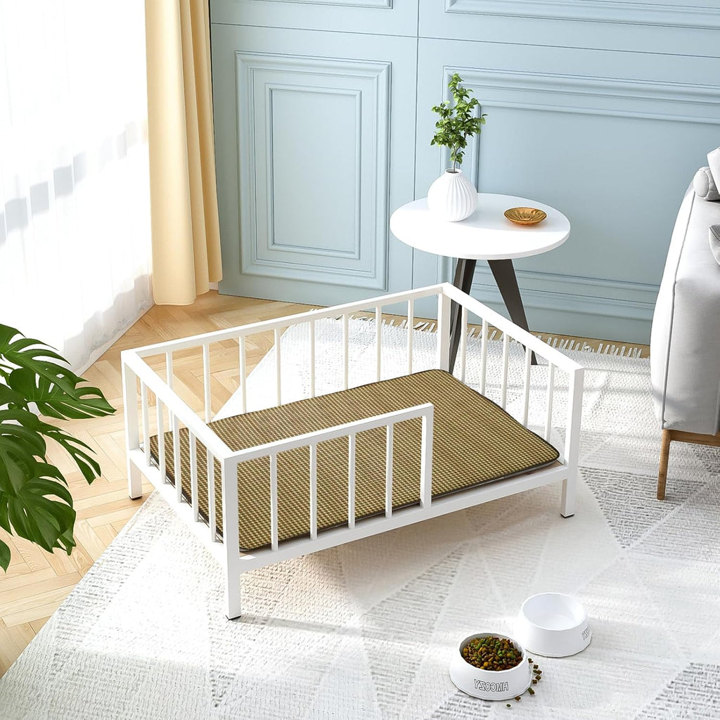 Dog Bed with Rails - Elevated Pet Metal Bed Frame with Solid Wood Board and Washable Soft Mat for Medium Dog Indoor or Outdoor Use, 25.2" x 37.8", White
