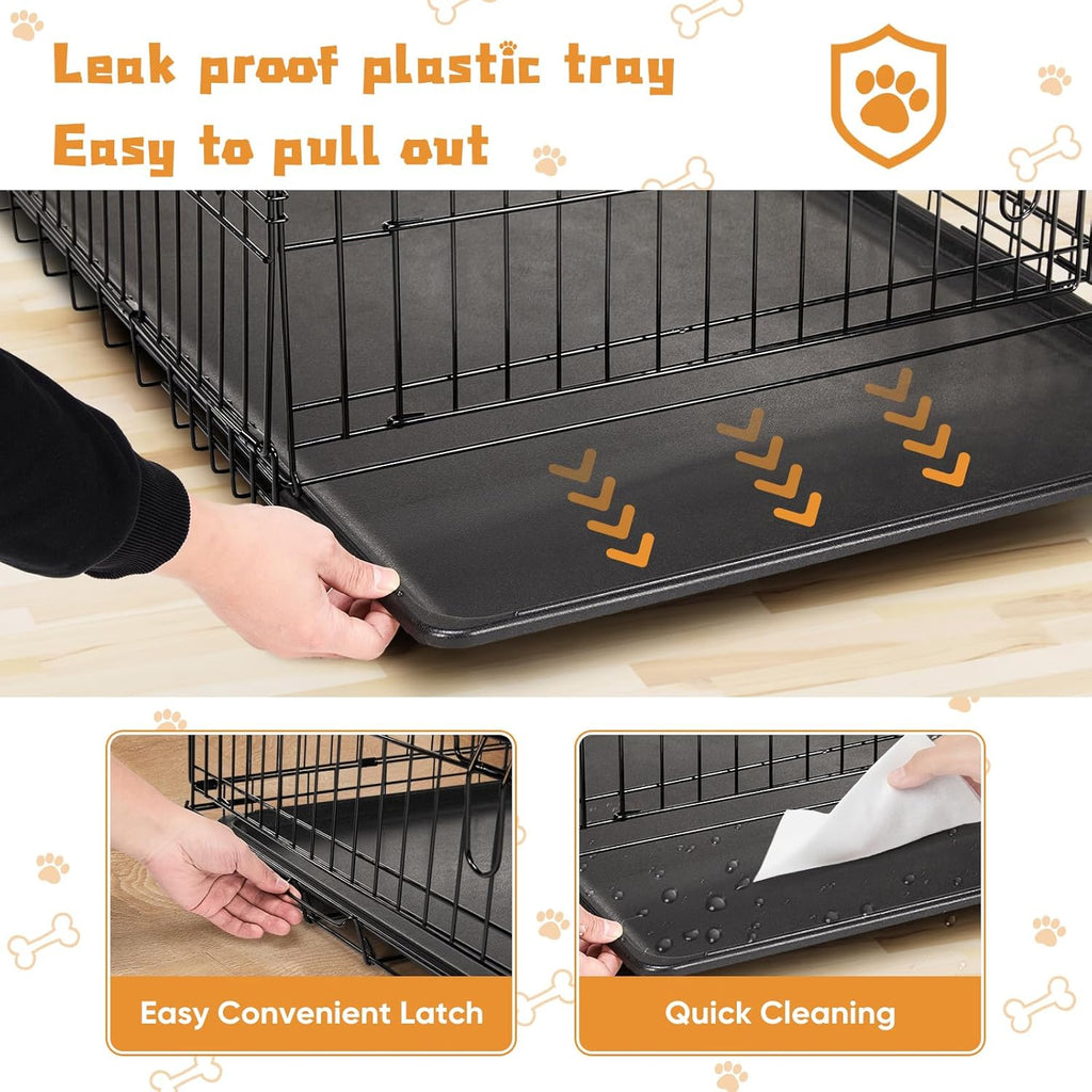DUMOS Dog Crate, 36 Inch Medium Double Door Dog Cage with Divider Panel and Plastic Leak-Proof Pan Tray, Folding Metal Wire Pet Kennel for Indoor, Outdoor, Travel