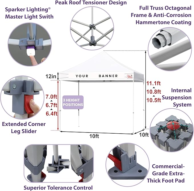 Tradesparker 10x10 Pop Up Canopy Tent,Commercial Movable Canopy with ApexCore LED & Rugged Casters-Instant Easy Setup Shelter Canopies with Weight Bags & Stakes for Oudoor Events Markets Vendors,Red