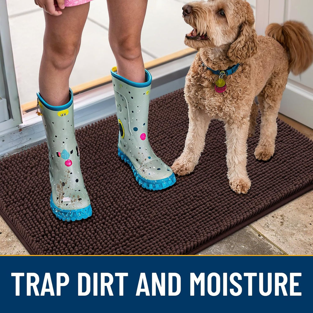 Smiry Dog Door Mat for Muddy Paws 24x16, Absorbs Moisture and Dirt Doormat, Non-Slip Washable Quick Dry Chenille Front Door Mat Indoor Entrance, Entryway Carpet for Inside Floor, Brown