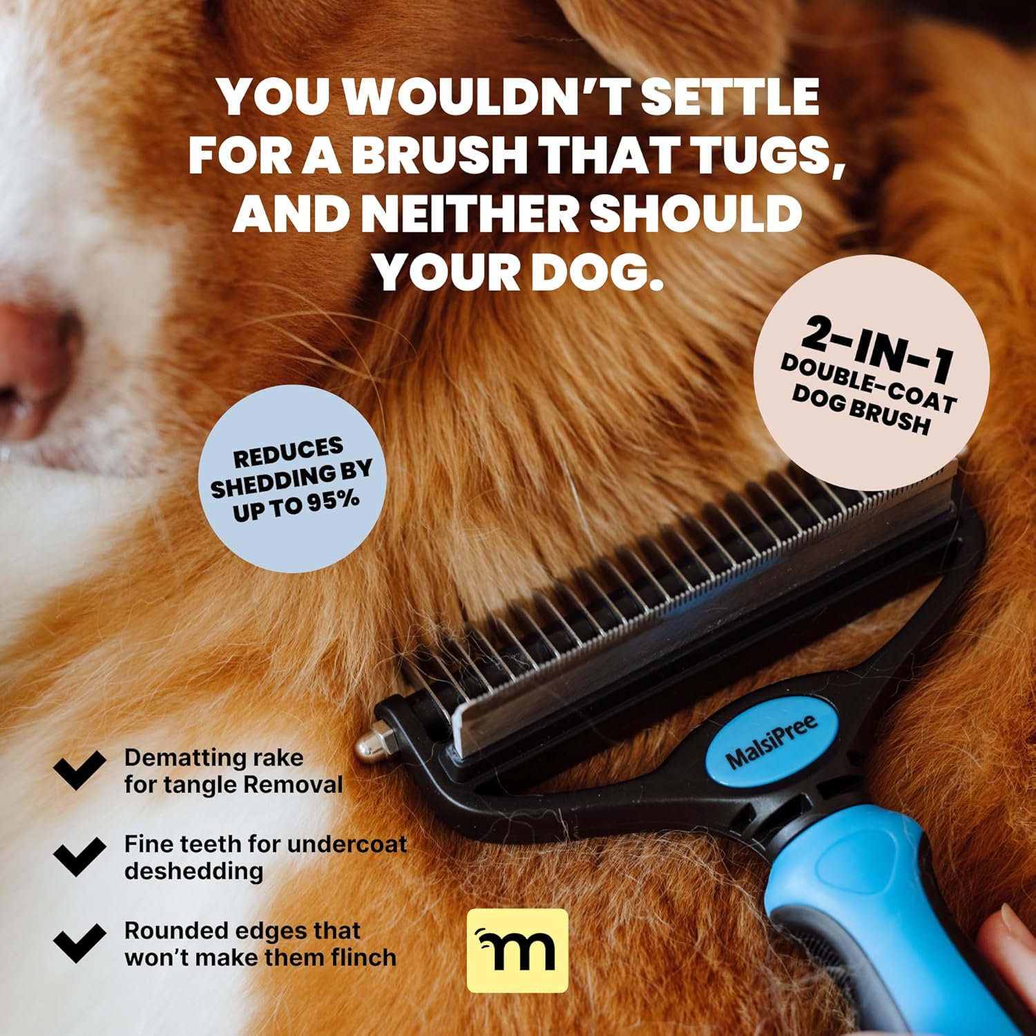 MalsiPree Dog Brush for Shedding - Large, Blue, 2-in-1 - Deshedding Dog Grooming Brush & Undercoat Rake with Dematting Comb for medium to Large Double Coated