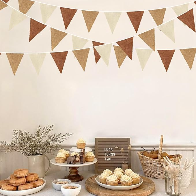 32Ft Brown Party Decorations Boho Pennant Banner Fabric Triangle Flag Linen Bunting Garland Streamers for Woodland Teddy Bear Baby Shower Jungle Safari Birthday Home Nursery Outdoor Garden Decor