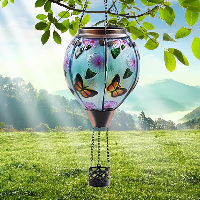 Hot Air Balloon Solar Lantern with Flickering Flame, Glass Hanging Garden Lights Outdoor Waterproof for Tree Yard Patio Mother's Day Gift, 18" H Butterfly