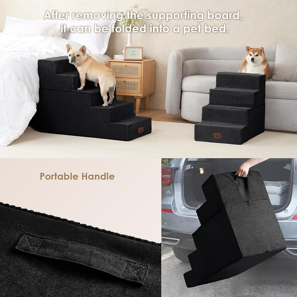 EHEYCIGA Dog Stairs for High Bed 25" H, 5-Step Extra Wide Dog Steps for Bed, Pet Steps for Small Dogs and Cats, Non-Slip Balanced Pet Ramp Indoor, Black