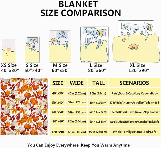 Fall Throw Blanket - Pumpkin Maple Leaf Autumn Blanket - Thanksgiving Fall Decor Gift - Ultra Plush Cozy Lightweight Thanksgiving Pumpkin Blanket for Sofa,Bed,Couch - 60"x80"-Adults/Twin Size