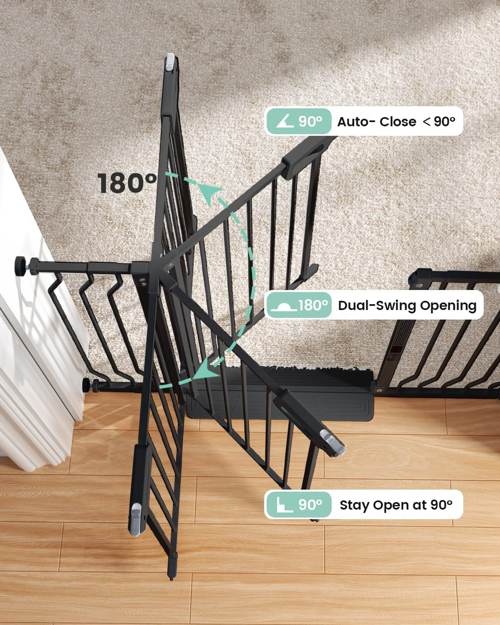 Mom's Choice-GROWNSY Baby Gate for Stairs, 29.5"-48.4" Pressure Mounted Baby Gate for Top of Stair&Doorway with Y-Spindle Rods, Anti-Trip Pedal, Wide Stairs Dog Gate Easy Install w/Red Reminder,Black