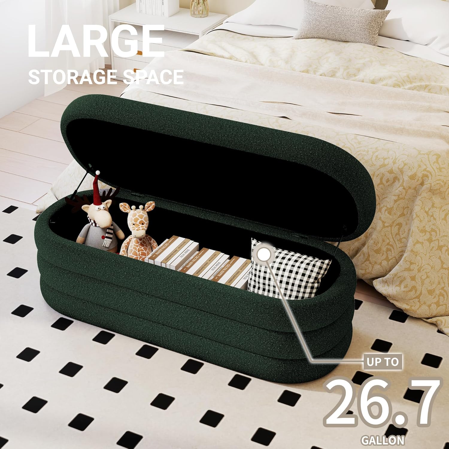 Storage Ottoman Bench 49.2 Inch Upholstered Fabric Storage Bench for Bedroom End of Bed Aesthetic Large Oval Ottoman for Living Room(Dark Green)