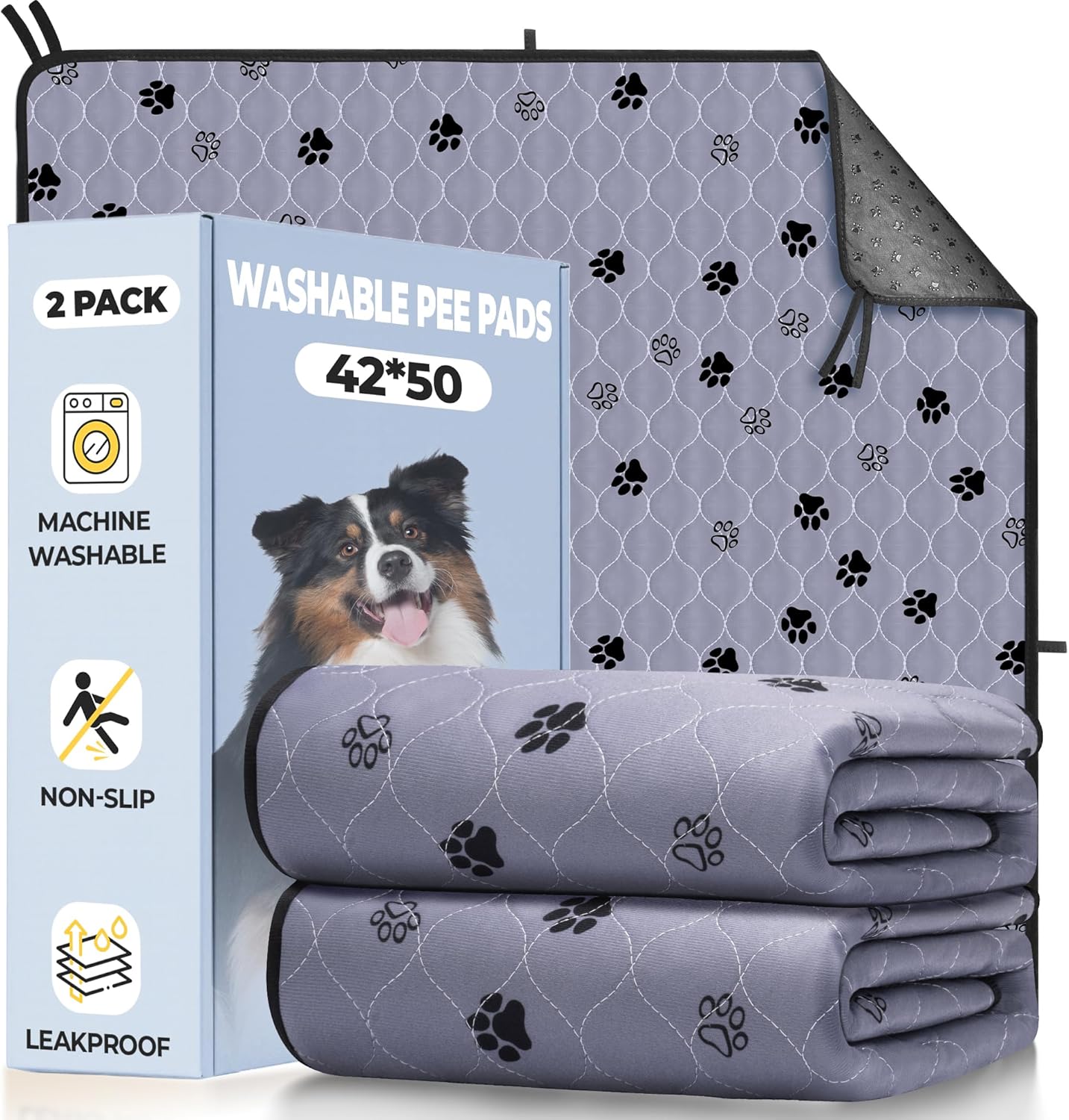Fostanfly Non-Slip Washable Pee Pads for Dogs, 2 Pack Large 42"x50" Ultra-Absorbent Leak-Proof Reusable Potty Training Pads of Add 8 Lanyards for Dogs, Puppy and Cats