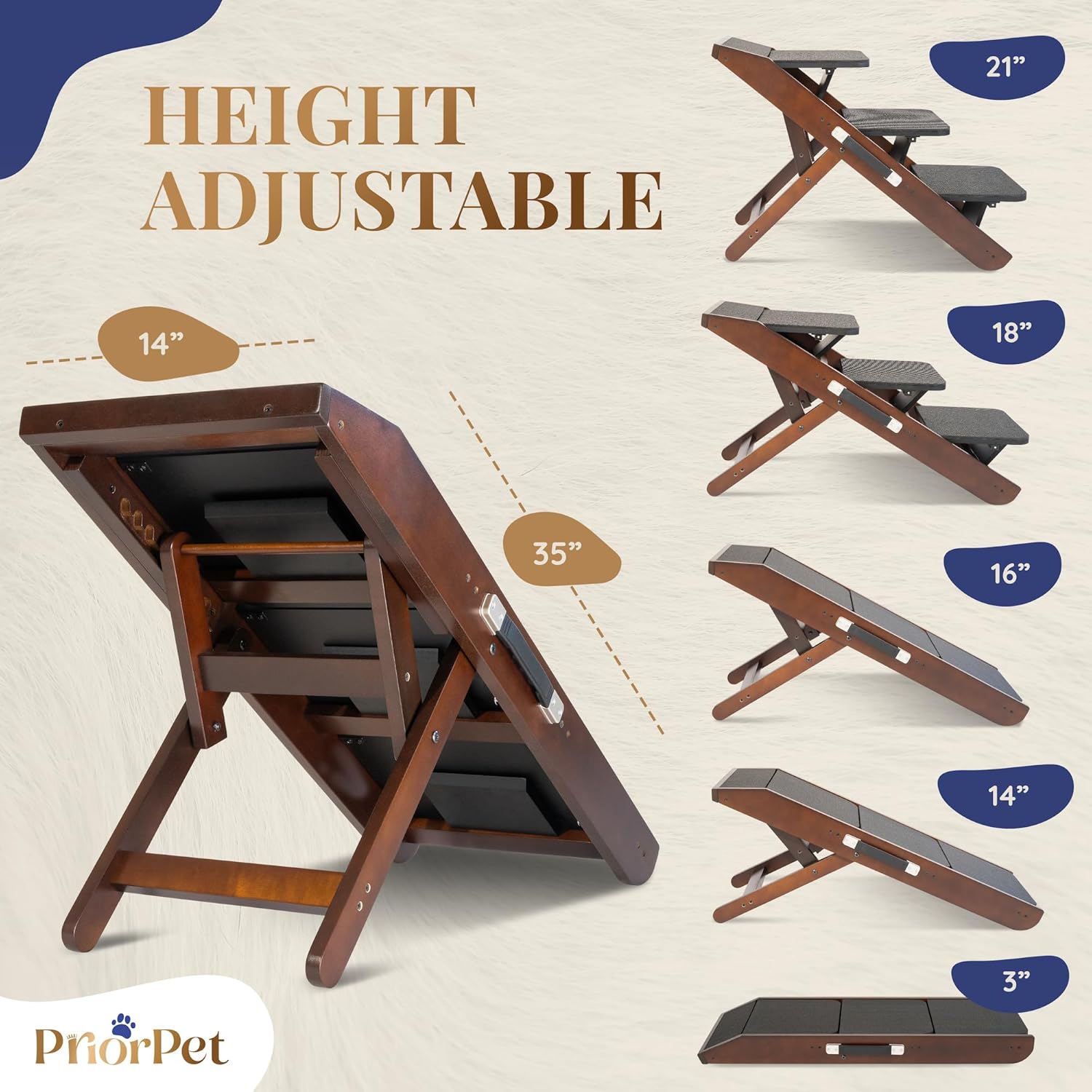 Dog Steps for Bed & Couch 2-in-1 Dog Stairs/Ramp - Height Adjustable Dog Ramp for Couch 7” - 20” - Pet Stairs, Dog Stairs for Small Dogs - Easy to Move Pet Steps with Landing Platform, Walnut