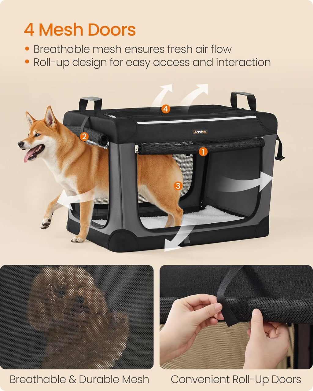 Feandrea Collapsible Dog Crate, 30-Inch Portable Dog Travel Crate for Medium Dogs, Oxford Fabric Pet Carrier with 4 Mesh Doors, Handles, Storage Pocket, Water Bottle Holder, Ink Black UPDC017B01