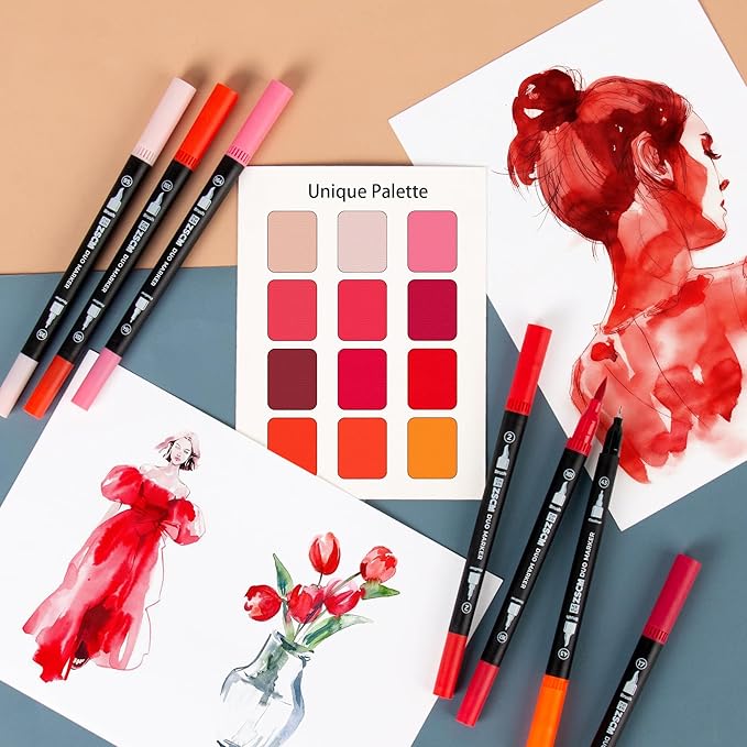 Red Duo Tip Marker Pens, 12 Pack Fine & Brush Markers for Adult Coloring Books No Bleeding, Vibrant Red Markers for Holiday Cards, Bold Lettering, Attention-Grabbing Highlights and Logos