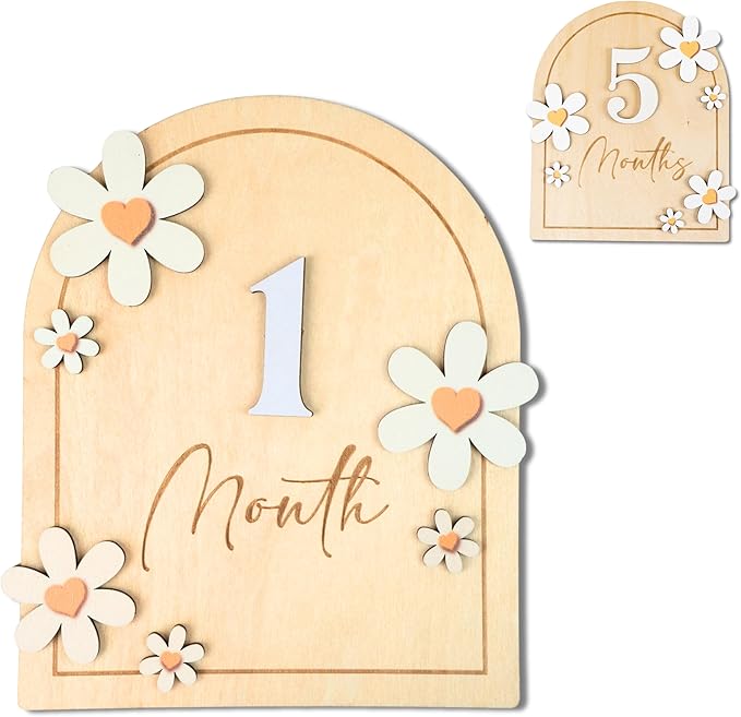 Baby Monthly Milestone Cards - Wooden Monthly Milestone Discs - Newborn Photography Props to Document Your Baby´s Growth - Baby Announcement Sign (B05)
