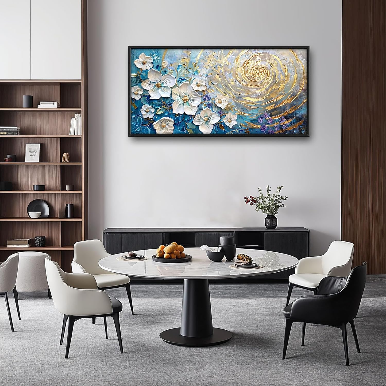 Flower Large Wall Art White Floral Pictures Abstract Golden Spiral Texture Wall Decor Canvas Print Painting Artwork for Bathroom Living Room Bedroom 60L" x 30W"