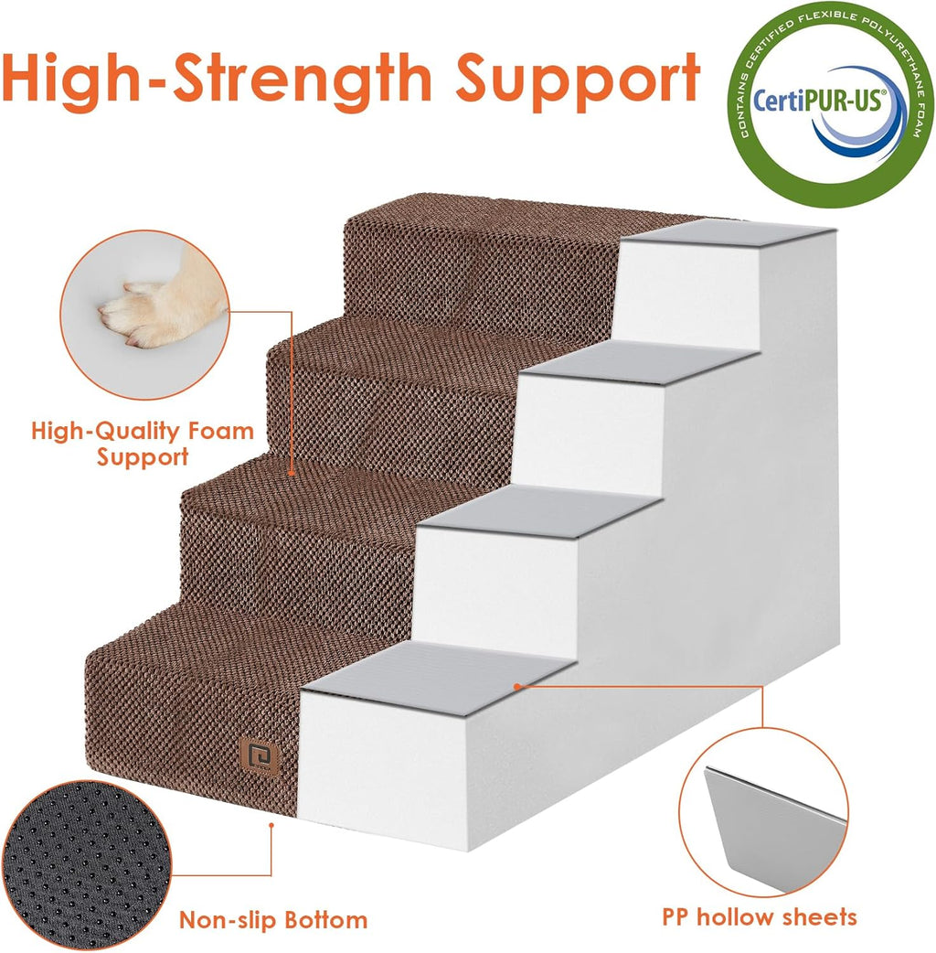 EHEYCIGA Dog Stairs for Bed 20" H, 4-Step Extra Wide Dog Steps for High Bed, Pet Steps for Small Dogs and Cats, Non-Slip Balanced Pet Ramp Indoor, Brown