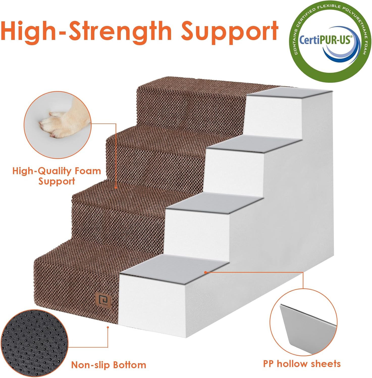 EHEYCIGA Dog Stairs for Bed 20" H, 4-Step Extra Wide Dog Steps for High Bed, Pet Steps for Small Dogs and Cats, Non-Slip Balanced Pet Ramp Indoor, Brown