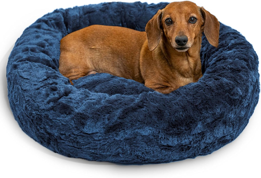 Best Friends by Sheri Original Calming Donut Dog and Cat Bed, Lux Faux Fur, Navy Blue, (23in x 23in) - Anxiety Relief for Pets Up to 25 lbs