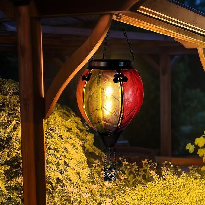 Glass Solar Hot Air Balloon Lantern with Flame Hanging Garden Flickering Light Outdoor Waterproof for Yard Patio Tree Mother's Day Gift, Colorful