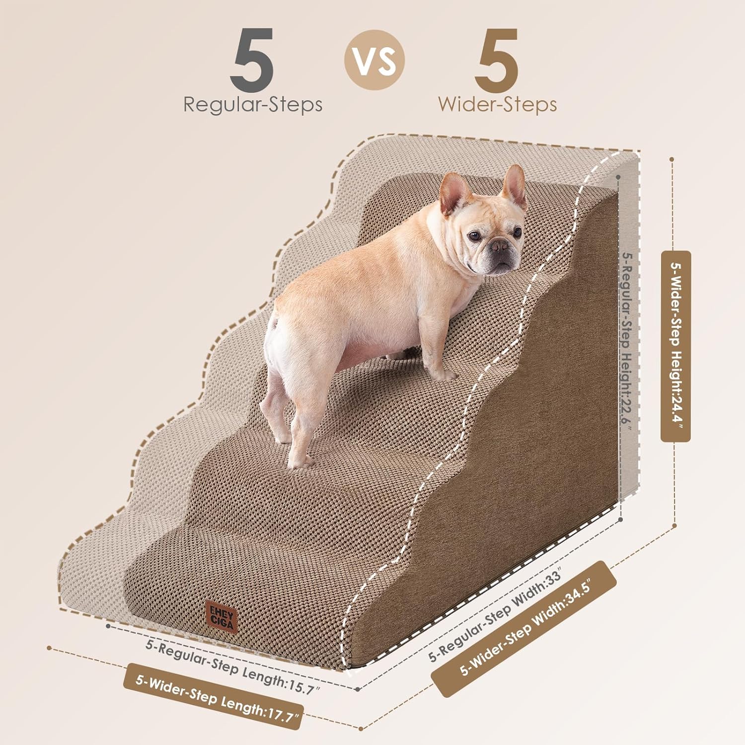 EHEYCIGA Curved Dog Stairs Ramp for High Beds, 5-Step Extra Wide Dog Steps for Small Dogs and Cats, Pet Stairs for High Bed Climbing, Non-Slip Balanced Pet Step Indoor, Camel