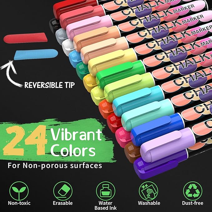 Liquid Chalk Markers Pens - 24 Colors Washable & Wet Erase Neon Chalk Makers for Blackboard, Chalkboard Signs, Glass Window, Graduation Celebration School Kids Art - Erasable Window Markers for Cars