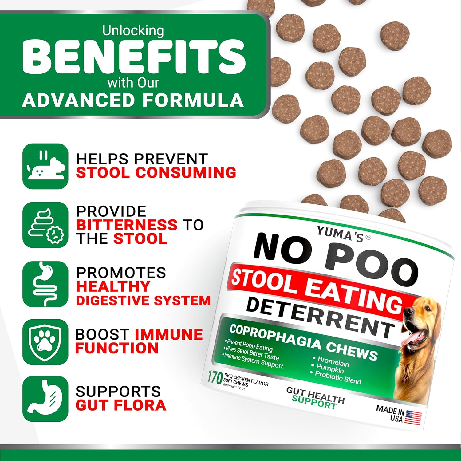 YUMA'S No Poo Chews for Dogs - 170 Count - Coprophagia No Poop Eating Deterrent for Dogs - Stop Eating Poop for Canine - Gut Health - Probiotics & Digestive Enzymes Supplement - Made in USA