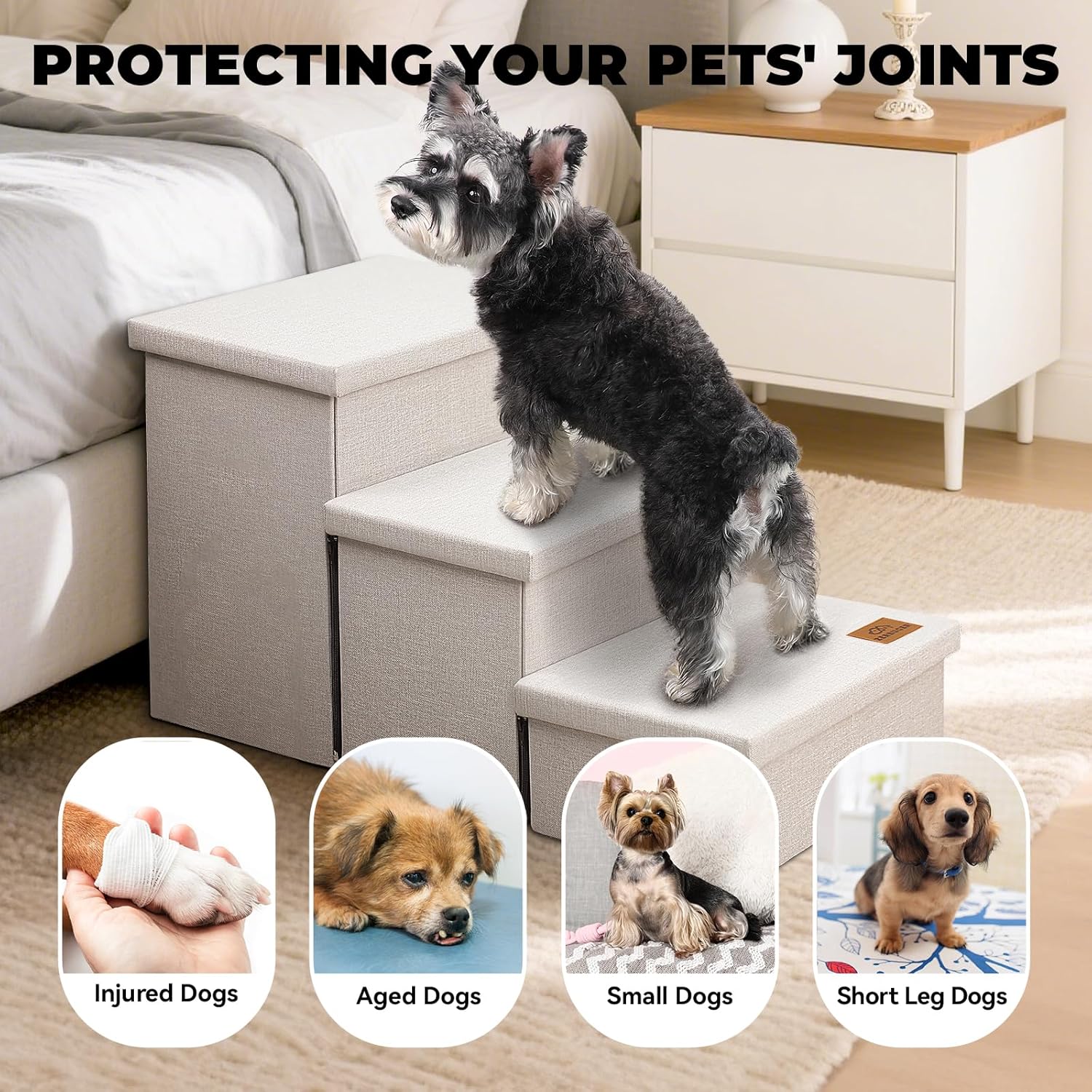 Dog Stairs with Storage 18" H, 3-Step Wider Dog Steps for Small/Medium/Large Old Dogs Cats, Folding Sturdy Pet Stairs Climbing Bed or Couch, Ramp for Car Up to 200 lbs (Beige, No Condo)