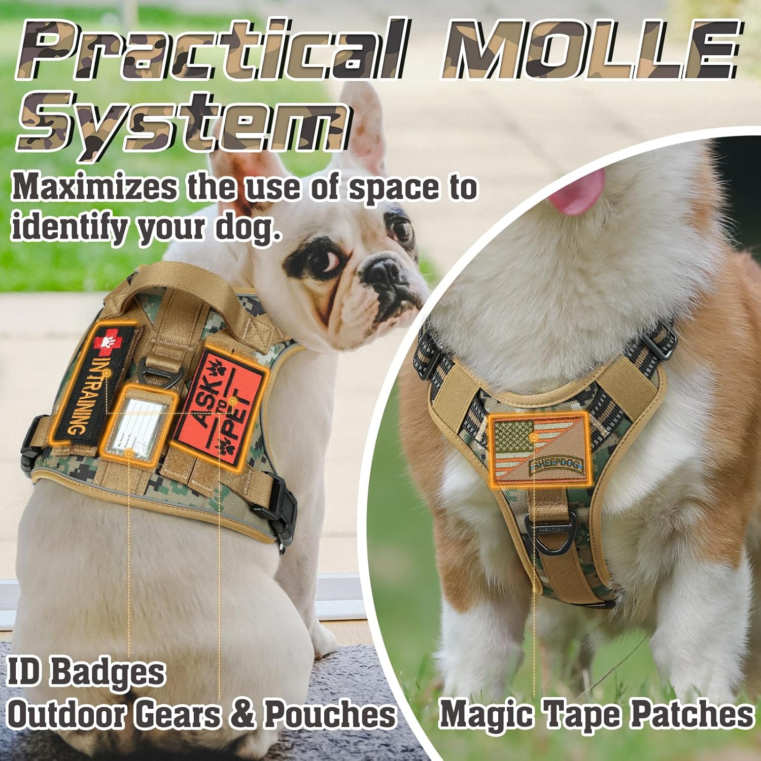 rabbitgoo Tactical Dog Harness for Small Dogs, No Pull Military Service Vest with Handle & Molle, Easy Control for Training Walking, Adjustable Reflective Straps, Brown camo, S