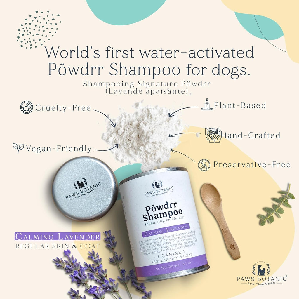 Unscented Dog Dry Shampoo, Powder Shampoo for Dogs, Regular Skin & Coat, 3.5 oz with Bamboo Spoon (Calming Lavender)