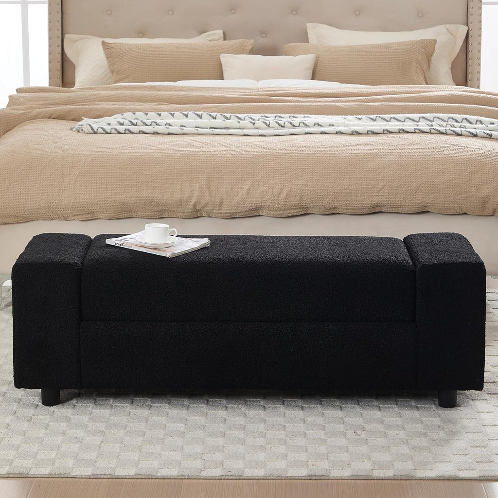 Teddy Storage Ottoman Bench for Bedroom, Comfy Boucle End of Bed Bench with Large Hidden Storgae Space, 55 inches Window Bench for Living Room/Reception Room/Mudroom, Black