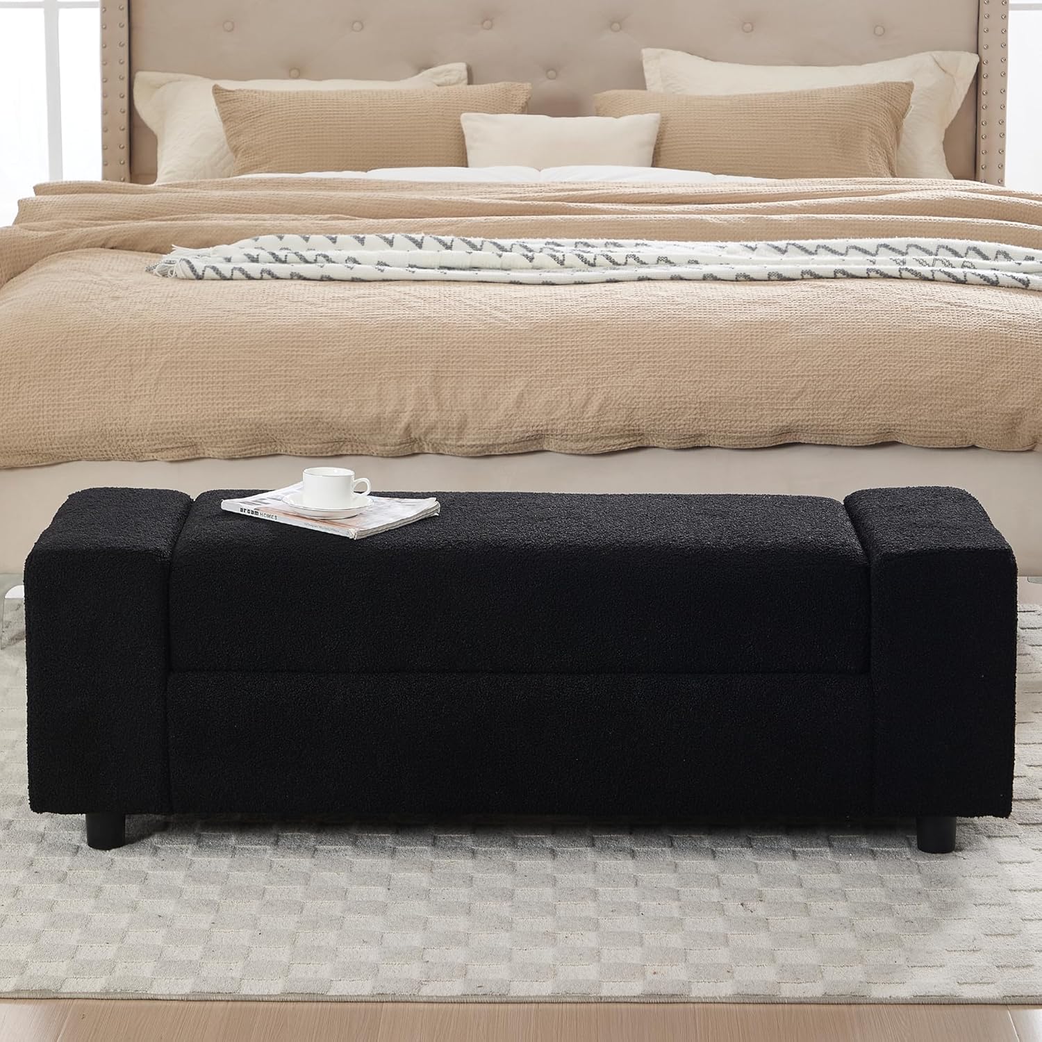 Teddy Storage Ottoman Bench for Bedroom, Comfy Boucle End of Bed Bench with Large Hidden Storgae Space, 55 inches Window Bench for Living Room/Reception Room/Mudroom, Black