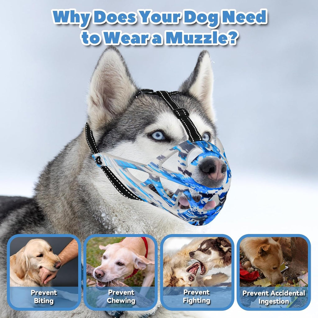 Dog Muzzle for Large Dogs, Medium and X-Large Aggressive Dog, Breathable Basket Muzzles, Suitable for Grooming Trimming Training, Allows Panting Drinking (Camouflage Blue, S)