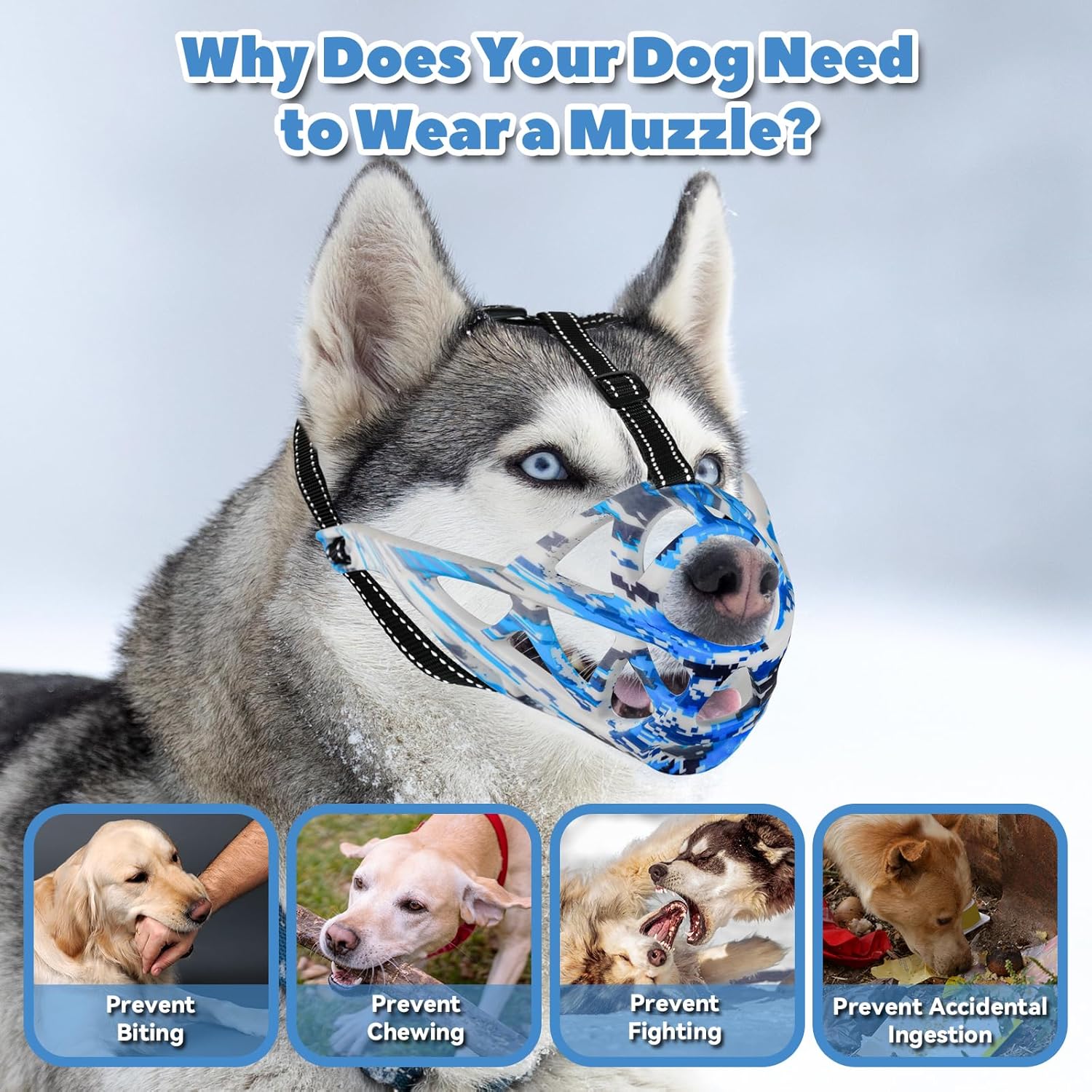 Dog Muzzle for Large Dogs, Medium and X-Large Aggressive Dog, Breathable Basket Muzzles, Suitable for Grooming Trimming Training, Allows Panting Drinking (Camouflage Blue, S)
