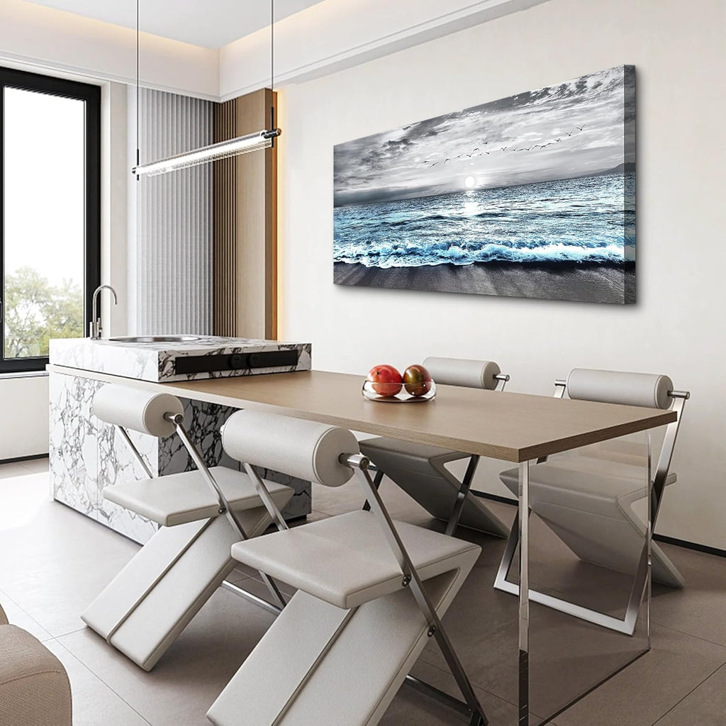 Lapremoly Black And White Beach Wall Painting Canvas Wall Art For Living Room Large Wall Decor For Bedroom Office Wall Decorations Blue Ocean Sea Wave landscape Pictures Artwork Posters Home Decor