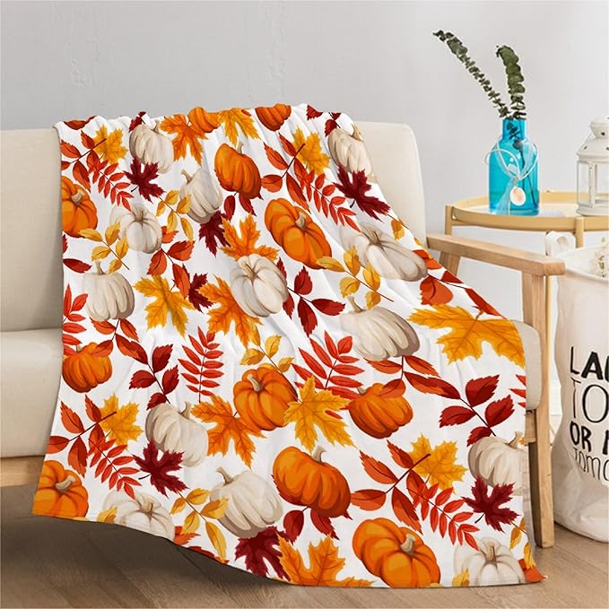 Fall Throw Blanket - Pumpkin Maple Leaf Autumn Blanket - Thanksgiving Fall Decor Gift - Ultra Plush Cozy Lightweight Thanksgiving Pumpkin Blanket for Sofa,Bed,Couch - 90"x120"-Familys/King Size