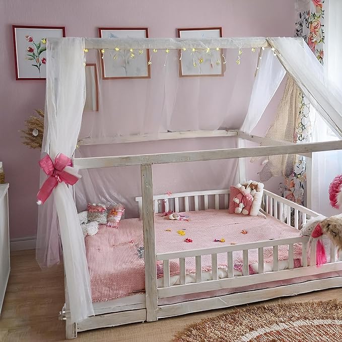 lazyzzz White Canopy Bed Curtains Princess Bed Canopy Scarf for Queen/King Metal Bed Frame,Wood Frame Bed, Bed Canopy for Girls Boys-2 Panel Sheer Curtain 39.4" W x 315" L