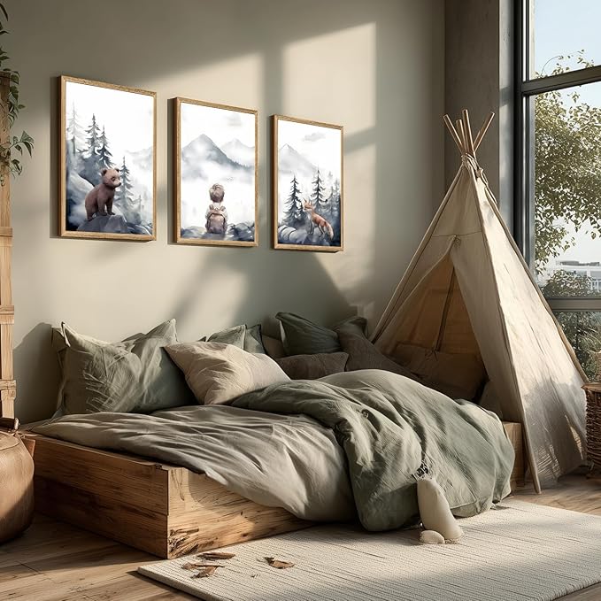 Cyebmo Woodland Boy Nursery Wall Art Set of 3, Whimsical Boy Adventure Wall Decor, Mountain Forest Animal Bear Fox Canvas Painting for Classroom Kids Room Baby Nursery Wood Framed 12"x16"x3
