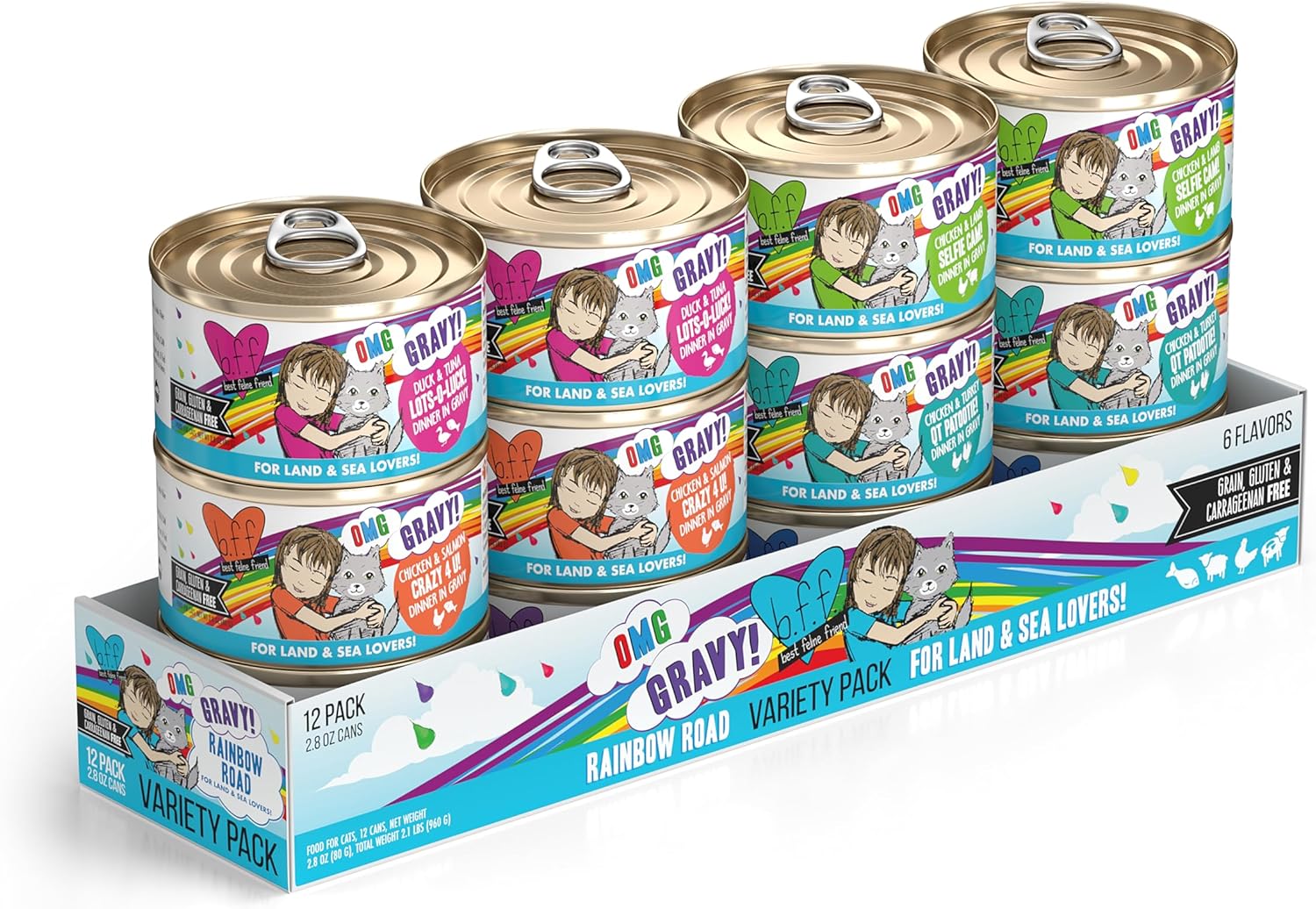 Weruva B.F.F. OMG - Best Feline Friend Oh My Gravy!, Variety Pack, Rainbow Road, Wet Cat Food by, 2.8oz Can (Pack of 12)